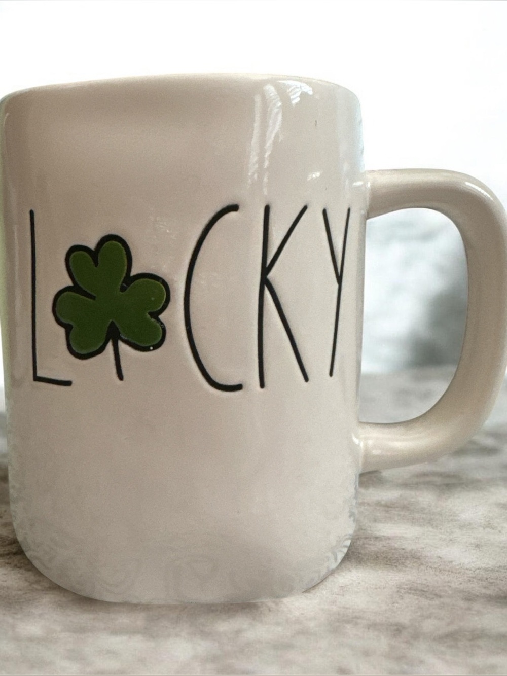 Rae Dunn White Mug with Green Shamrock "LUCKY"